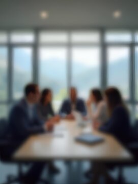 Blur office meeting blurred background with business people working group in boardroom discussion for teamwork brainstorming, executive seminar or professional training in small startup enterprise
