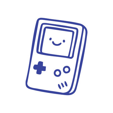 Hand drawn doodle illustration of a retro portable gaming console with a happy face.