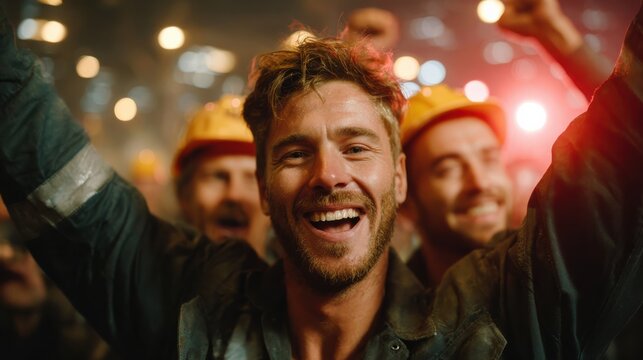 Celebrating Industrial Pride: A group of hard-working industrial workers, radiating jubilance and togetherness, raise their hands in a moment of communal triumph.