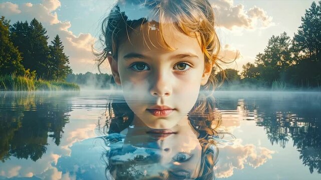 A child's face appears centered, mirrored in water with trees, clouds and mist