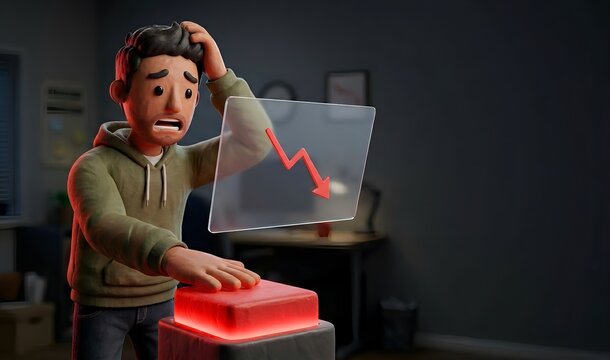 Panicked diverse investor hastily pressing a blank red sell button looking at a downward arrow, panic selling and amateur trading concept, 3d clay animation style