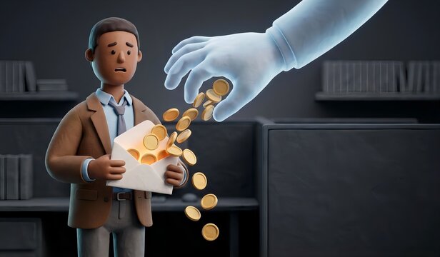 Shocked diverse worker watching a giant invisible hand snatch his blank salary coins, heavy taxation and hidden tax concept, 3d clay animation style