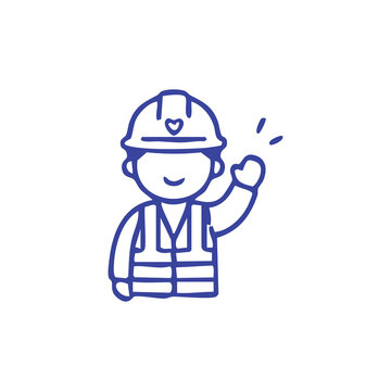Friendly Construction Worker Icon Line Art Illustration.