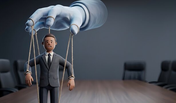 Helpless diverse executive controlled like a puppet by a giant invisible hand, activist shareholder and corporate governance concept, 3d clay animation style