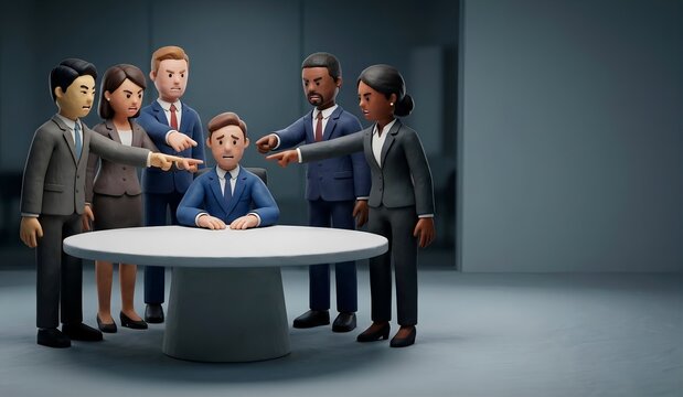 Angry diverse executives pointing fingers at a terrified manager in a boardroom, scapegoat and corporate conflict concept, 3d clay animation style