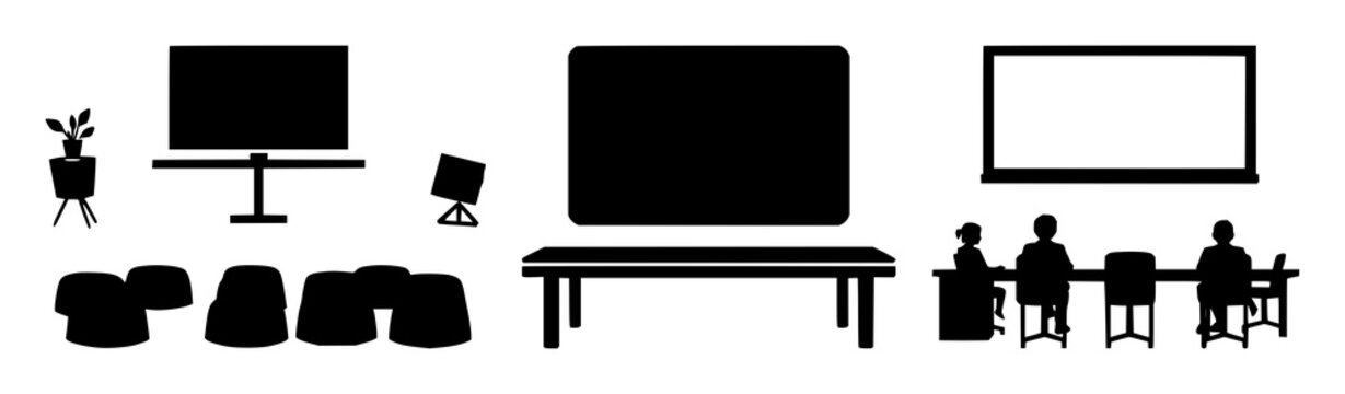 Virtual classroom icon set with solid black design on white background featuring education, e-learning, online learning with classroom and computer