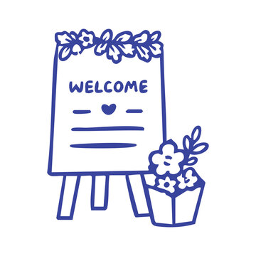 Doodle illustration of a welcome sign with floral decorations.