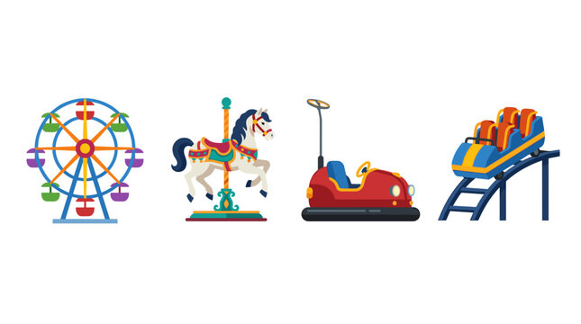 vector Iconic amusement park rides depicted, featuring a Ferris wheel, carousel, bumper car, and thrilling roller coaster.