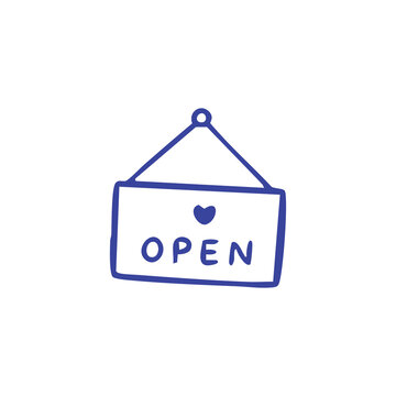 Hand drawn doodle of a store hanging open sign with a small heart icon.