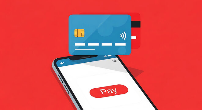 A mobile phone with a pay button on the screen is being used for online payment with a credit card.