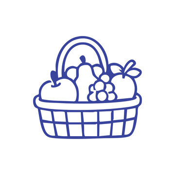 Simple line art illustration of a basket filled with various fresh fruits.