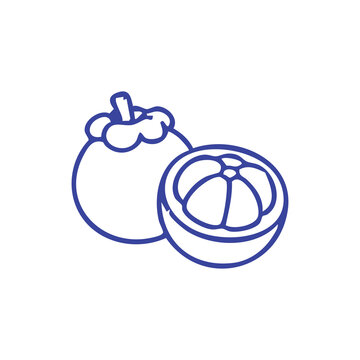 Line art illustration of a whole and halved mangosteen fruit.