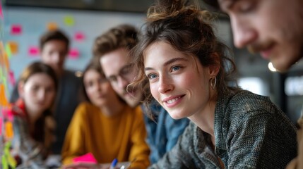 Fototapeta premium Collaborative Insight: A group of individuals deeply engaged in a brainstorming session. They're immersed in teamwork and innovation.