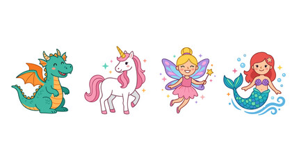 Fototapeta premium vector A collection of four adorable mythical creatures: a dragon, a unicorn, a fairy, and a mermaid.