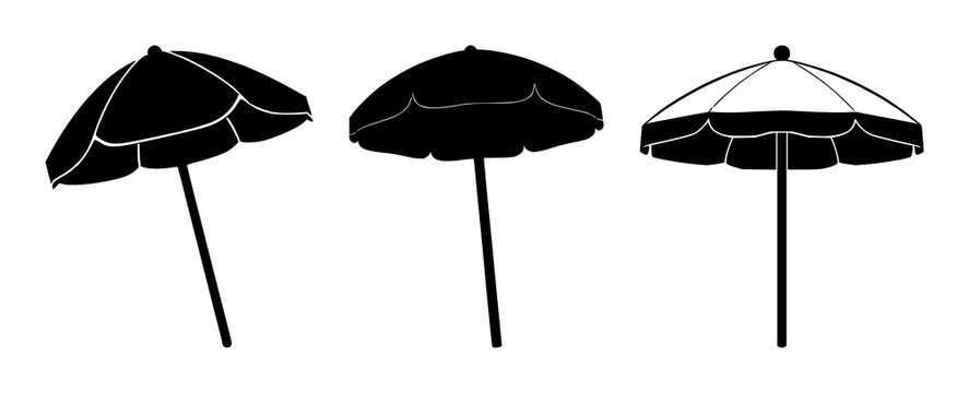 Beach umbrella set with solid black icon design featuring beach umbrella, icon, vector with white background and simplicity