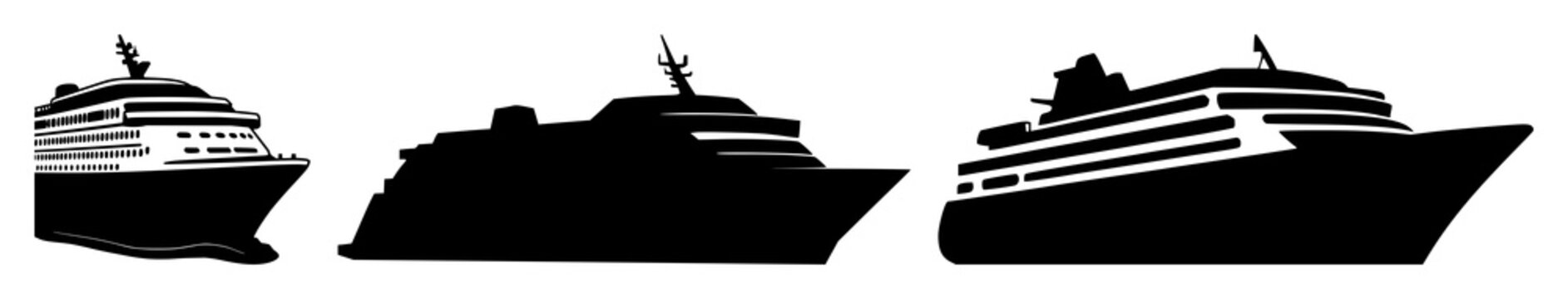 Cruise ship icon set with solid black silhouette on white background featuring ship, travel, leisure with cruise and maritime