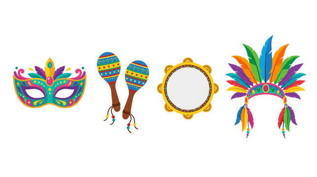 vector A festive collection of carnival and Mardi Gras themed items, including a mask, maracas, and a headdress.