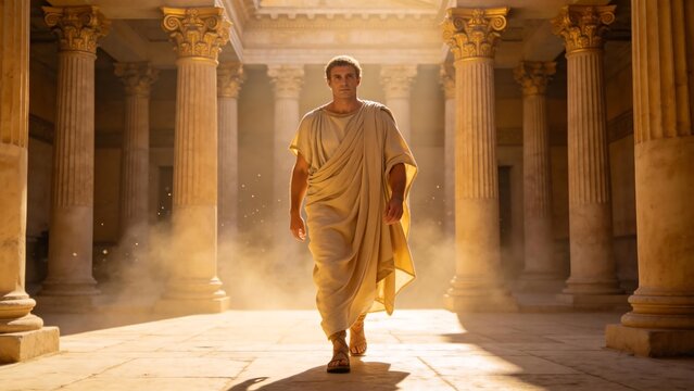 Man in ancient robe walking through columns