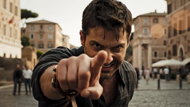 Intense man pointing accusingly in an Italian city, looking frustrated and angry, action scene