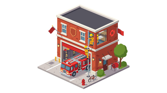 vector An impressive isometric illustration of a two-story fire station with a fire truck inside.
