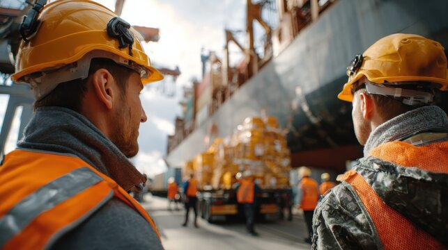 Harbor Workforce: Dockworkers in their safety gear monitor the busy maritime cargo, focusing on operational precision and efficiency. 