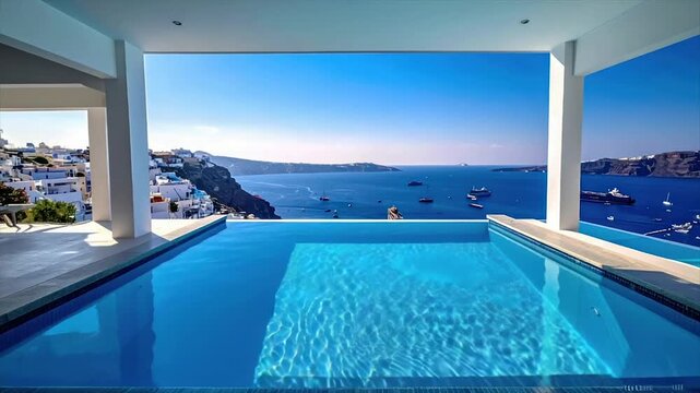 Infinity pool overlooking caldera and sea, boats, white buildings framed by architecture