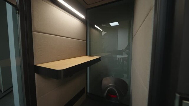 Soundproof Booth With Lighting And Seating. Acoustic Enclosure Featuring Glass Door And Padded Panels . Creative