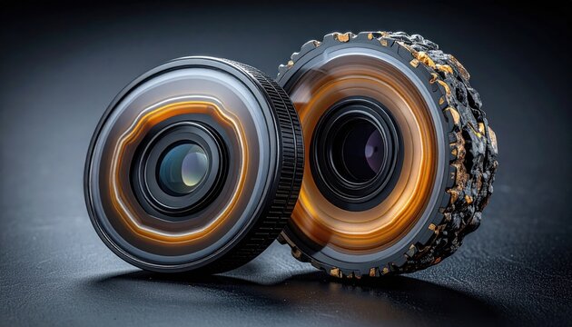 Intricate camera lens components with glowing orange accents, showcasing advanced optical design and photographic technology.