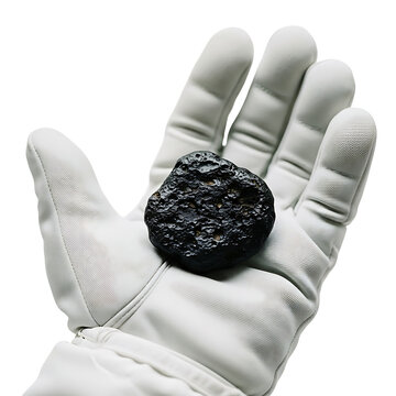 A gloved hand holding a meteorite on transparent background
