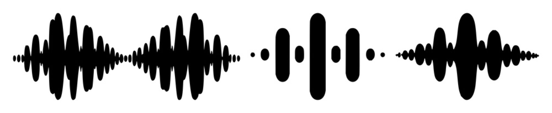 Natural language processing sound waves set with solid black icon on white background featuring stylized wave, music visual, linguistic audio with vector and line art