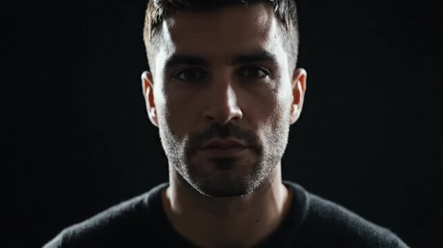 Focused man looks up into camera, serious expression with dark background, head and shoulders portrait