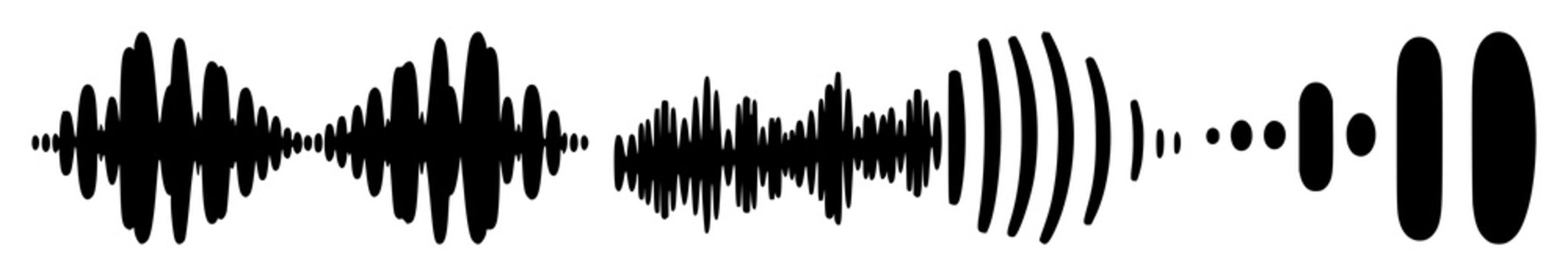 Natural language processing sound waves set with solid black icon on white background featuring stylized wave, music visual, linguistic audio with vector and line art