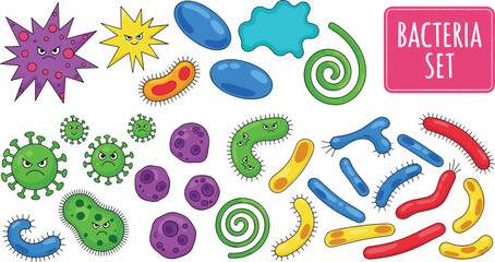 Obraz premium Cartoon bacteria set with various colorful microorganisms, germs, and cells illustrating microbiology, infection concepts, healthcare education, and scientific vector illustration?//