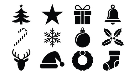 Christmas icons set including tree star gift bell candy cane snowflake ornament santa hat wreath stocking and reindeer on white background © Shovon