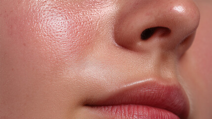 Fototapeta premium Ultra hydrated cheek skin macro with soft luminous glow, visible pore texture and natural lip detail conveying healthy skincare radiance and gentle confidence