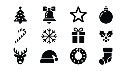 Minimalist christmas icons set including tree bell star ornament candy cane snowflake gift mistletoe reindeer santa hat wreath and stocking on white background © Shovon