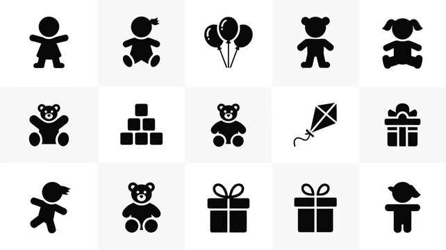 Black vector icons of children's toys and gifts on white background including teddy bears balloons kites blocks and presents