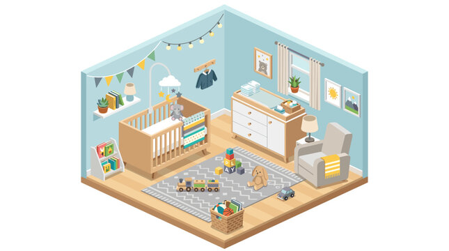 vector An isometric view of a cozy, brightly decorated nursery room with a crib, changing table, and rocking chair.