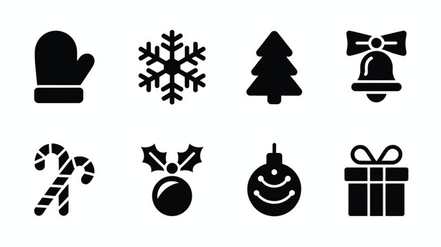 Minimalist christmas icons set including mittens snowflake tree bell candy cane holly ornament and gift on white background