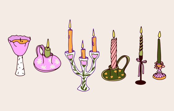 A set of multi-colored stylish candlesticks with candles drawn in doodle style.