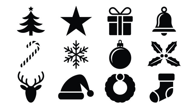 Christmas icons set including tree star gift bell candy cane snowflake ornament santa hat wreath stocking and reindeer on white background