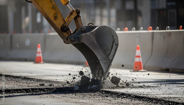 Yellow excavator breaking pavement on urban roads during reconstruction and infrastructure maintenance for urban development concept with close-up industrial machine