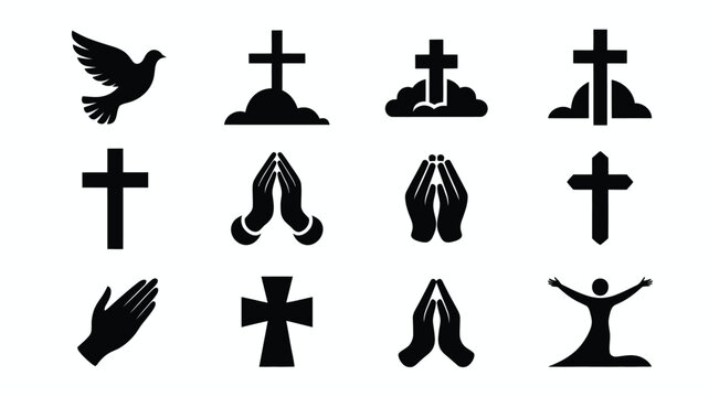 Vector illustration of various religious symbols and prayer icons including crosses praying hands and a dove on a white background