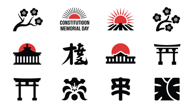 Japanese constitution memorial day symbols and icons set featuring sun flowers gates and characters on white background
