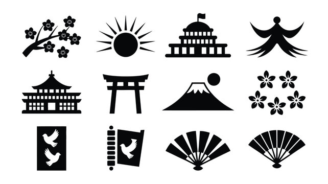 Vector illustration of 12 japanese culture symbols icons set including pagoda cherry blossoms and mount fuji on white background