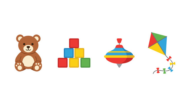 vector A delightful collection of children's toys features a teddy bear, building blocks, spinning top, and a colorful kite.