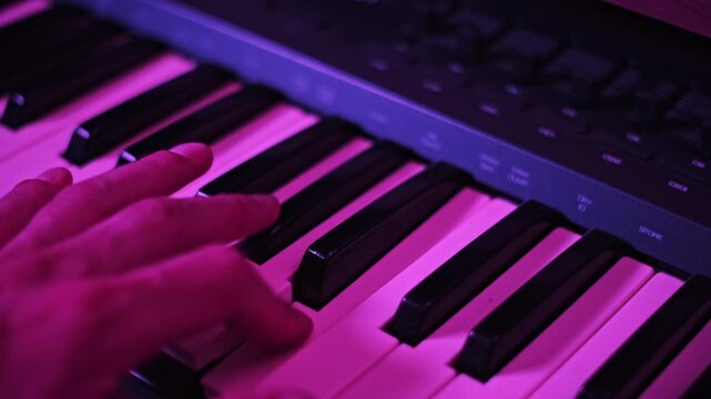 A musician hand plays keys on a synthesizer while lighting shifts through vibrant neon colors. Concept of electronic music production, nightlife entertainment, and creative performance