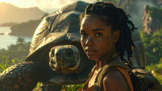Portrait of a woman with a tortoise, against a lush, sunlit, green island background