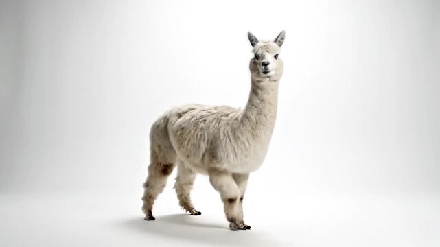 Majestic Alpaca Posing Gracefully Against a Clean White Background.
