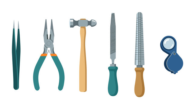 vector A detailed collection of specialized tools is presented for the intricate craft of jewelry making.